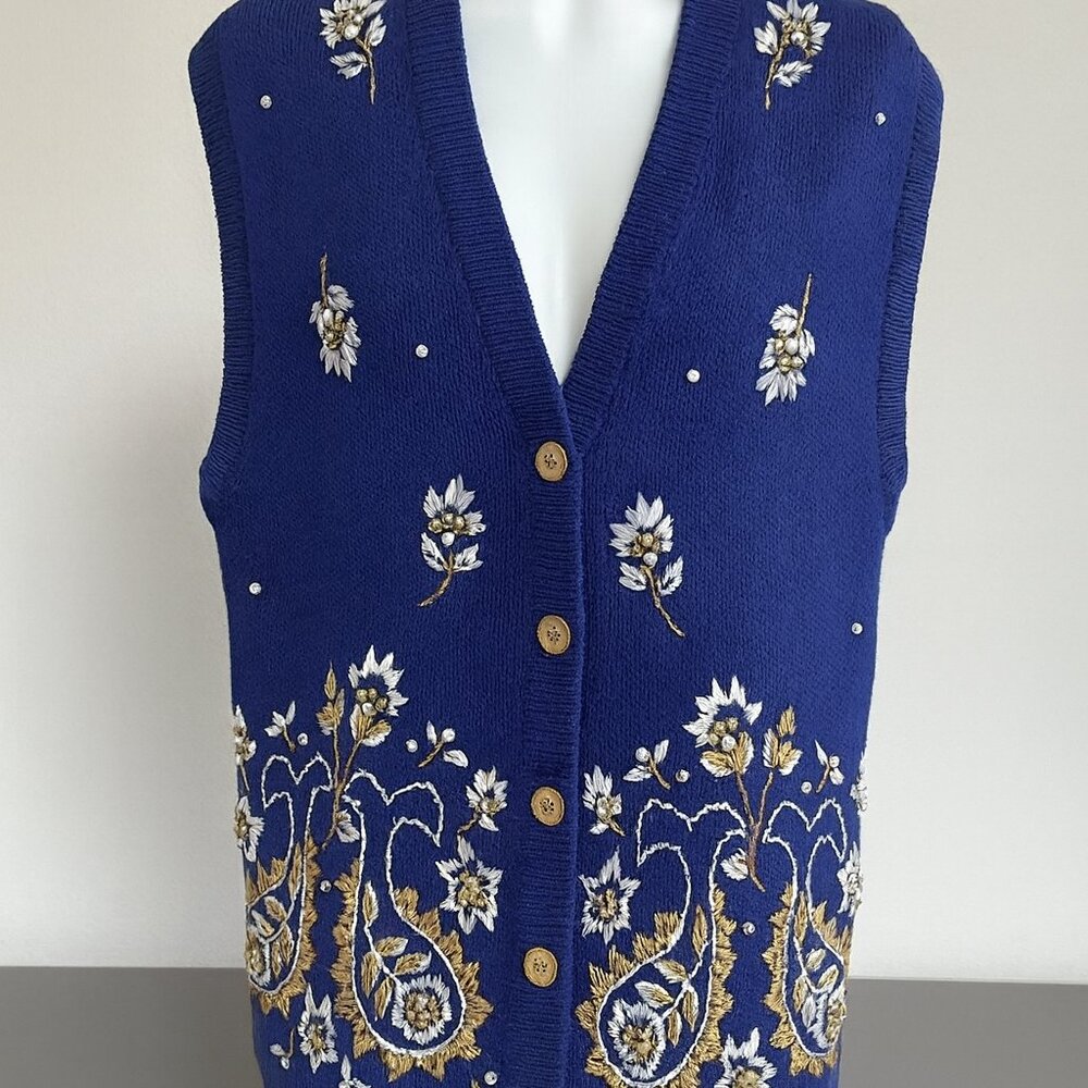 P Galli Designs Blue Embroidered Bling Vintage Vest Button Down Size Large